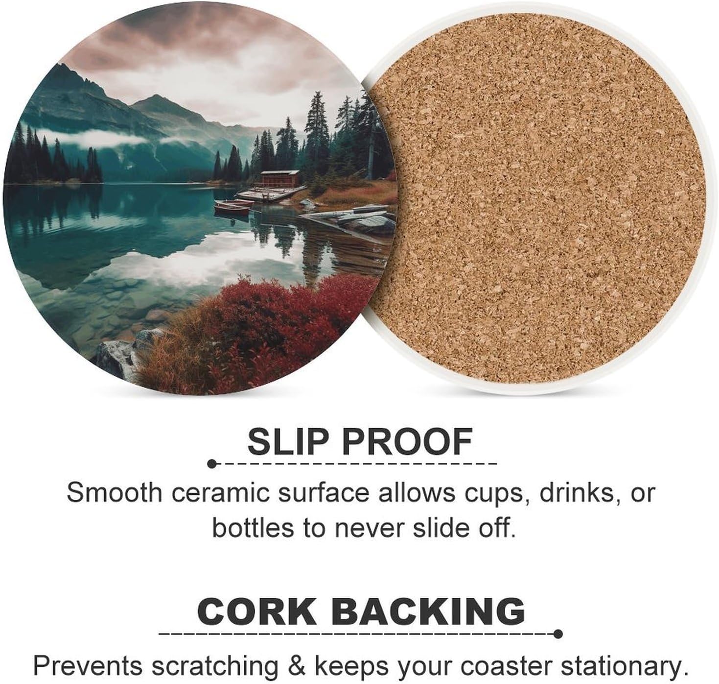6PCS Scenic Lake Coasters Non-Slip Round Drink Coasters with Ceramic Stone and Cork Base, Heat Resistant Absorbent 33.00Stone Coaster Set for Kinds of Mugs and Cups, 4 Inch