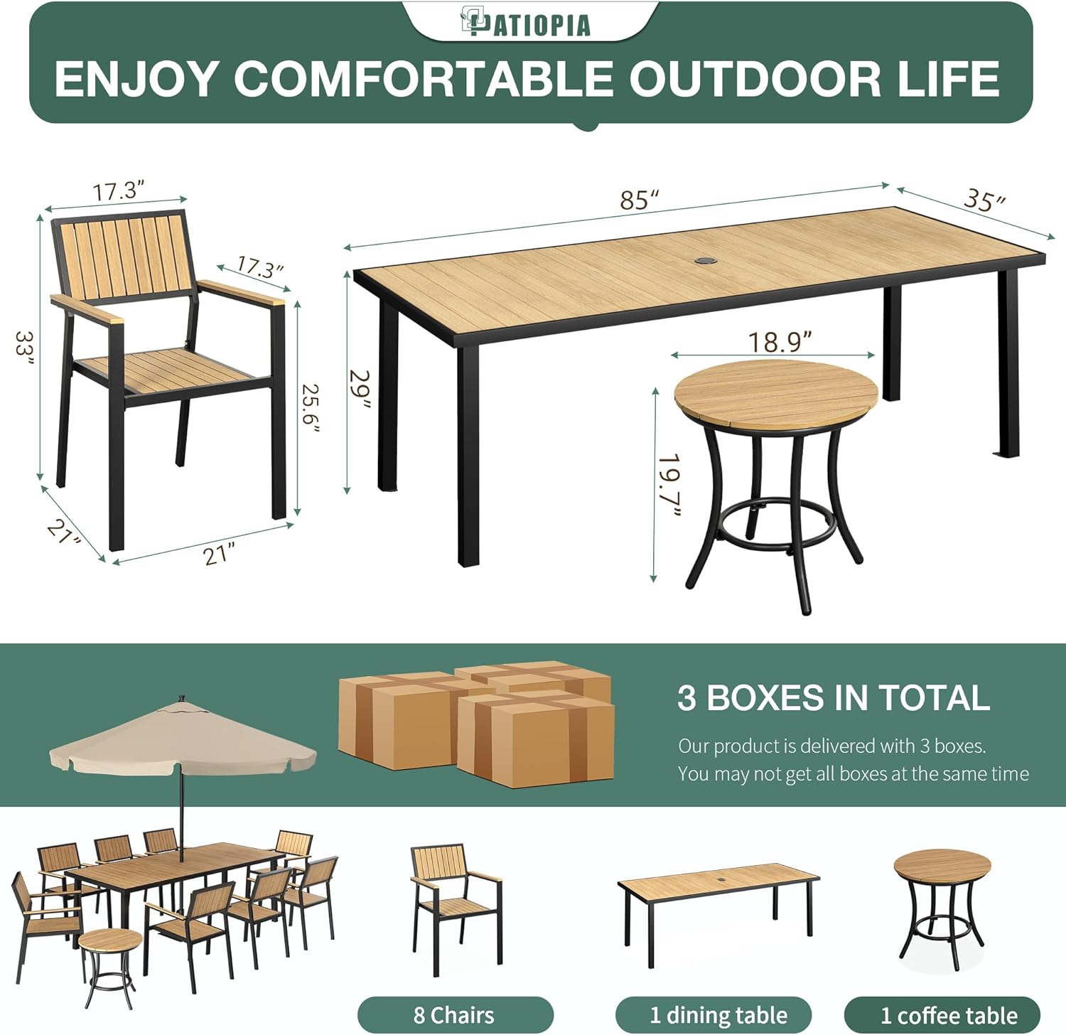 10-Piece Patio Dining Set, Outdoor Weather-Resistant Plastic-Wood Table & 8 Stackable Chairs, Outdoor Durable Aluminum Frame Furniture for Garden, Poolside, Backyard