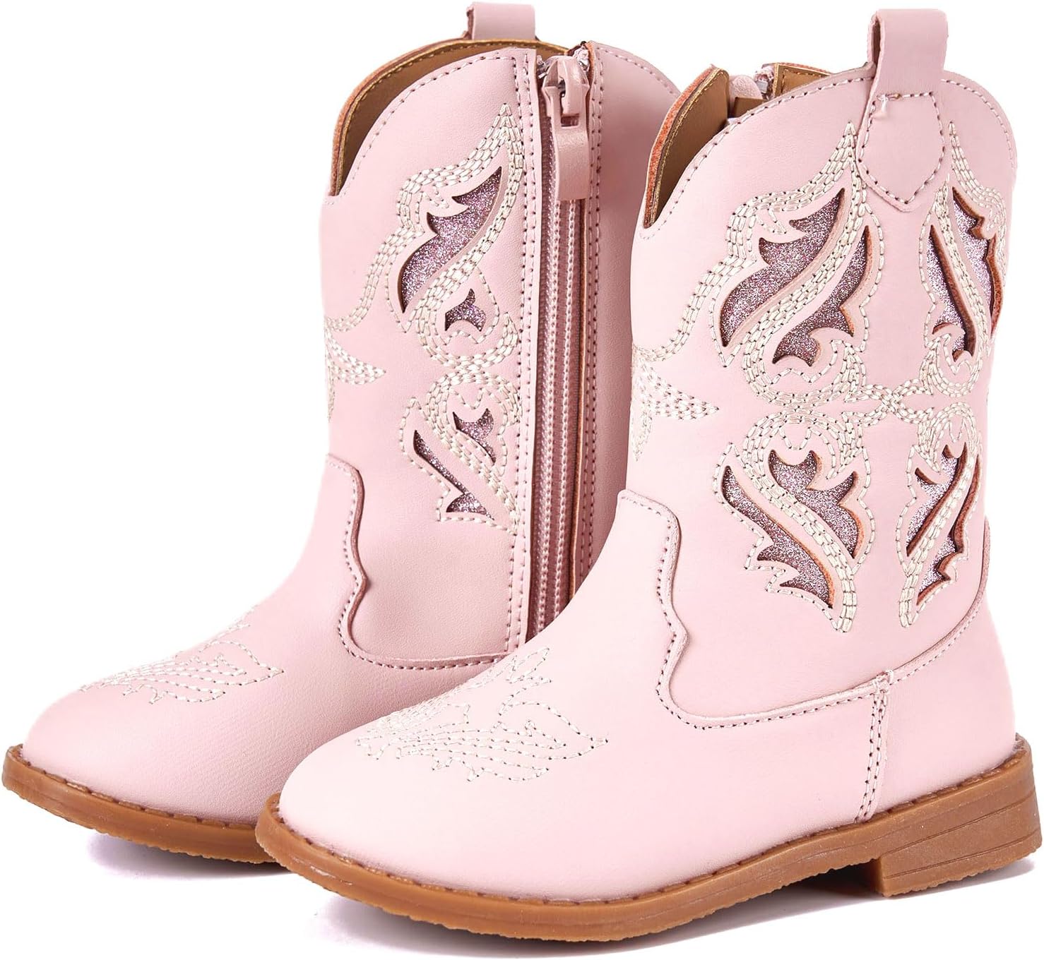 Newsonet Toddler Girls Cowboy Cowgirl Boots Round Toe Western Boots Mid Calf Side Zipper Riding Shoes for All Seasons Spring Summer Winter Fall