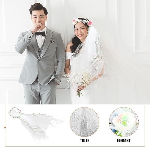 Miniatura 7 de Minkissy Diadema de velo de novia, diadema de velo blanco, corona de flores con cinta ajustable para mujer