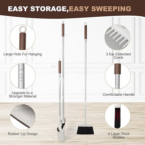 Miniatura 6 de Juego de escoba y recogedor de mango largo de 54 pulgadas, combo perfecto para limpieza eficiente, marrón y blanco