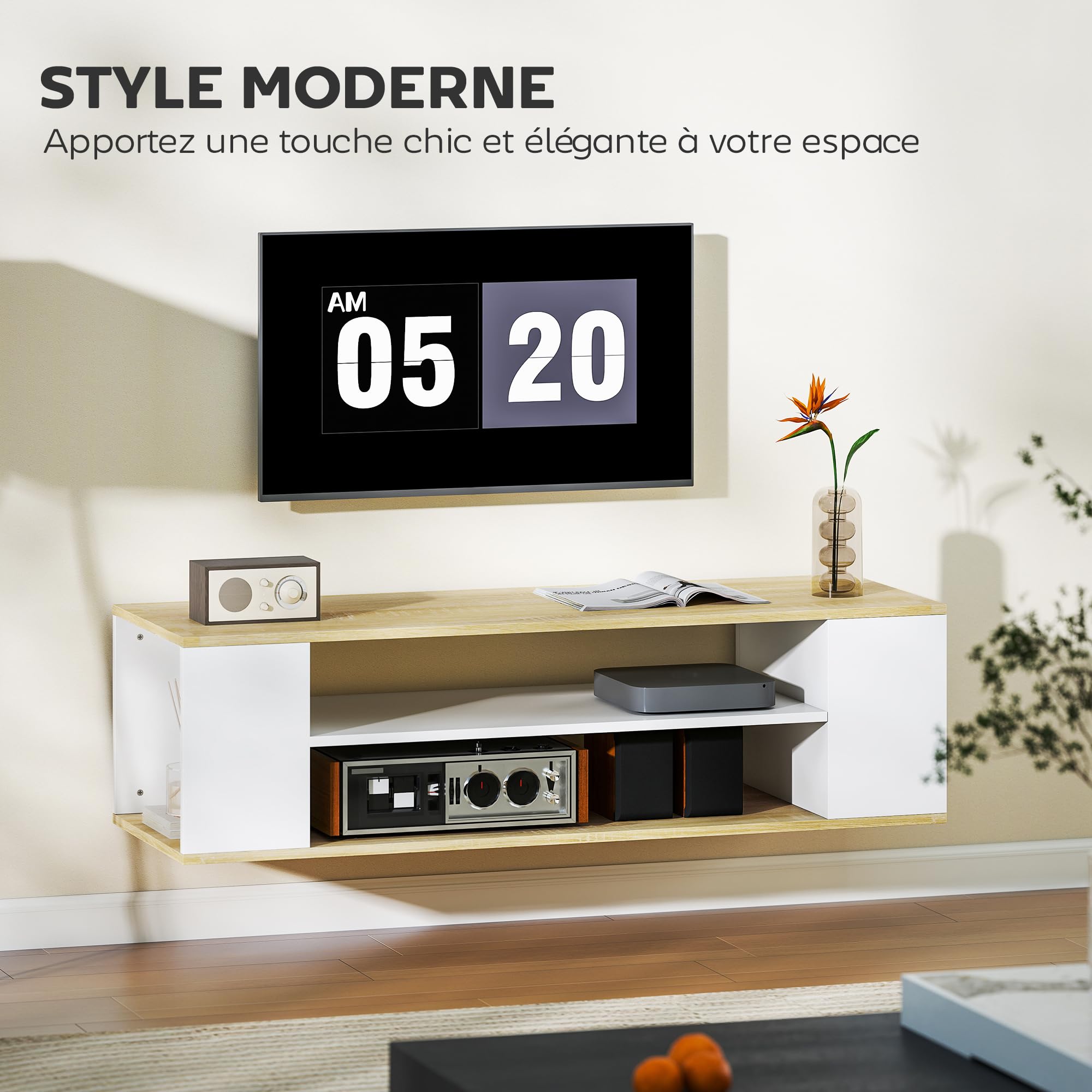 HOMCOM Mobile TV con ruote da 120 cm, mobile TV per TV fino a 55 pollici con 2 ripiani aperti, stile moderno, montaggio a pavimento/parete, panca TV per soggiorno, camera da letto, bianco e legno