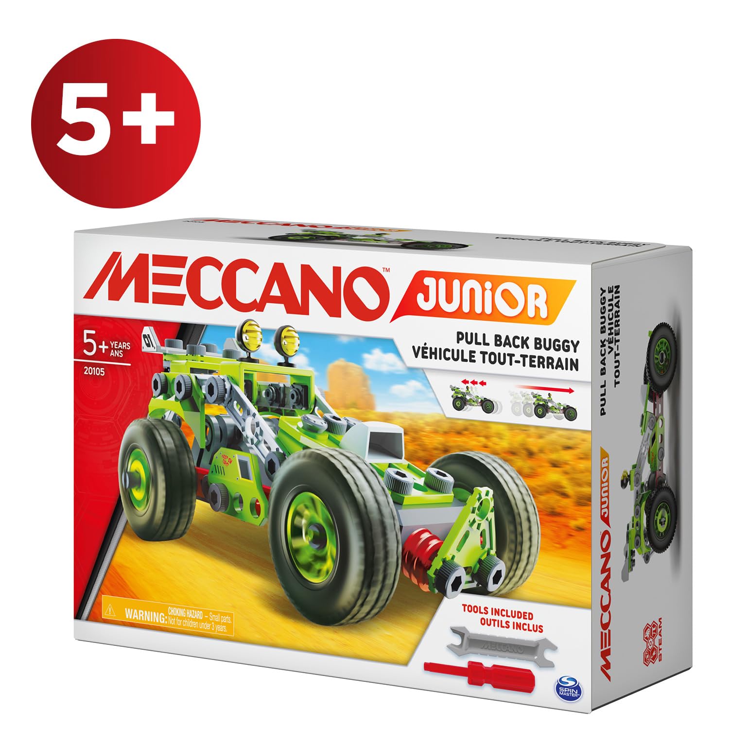 BANDAI - Meccano Junior La Mia Auto a Retro Frizione - Kit di Costruzione 138 pezzi, motore retro-frizione, attrezzi, istruzioni - Kit Attività assemblaggio auto - Giocattolo Bambini 8+ - APM19102