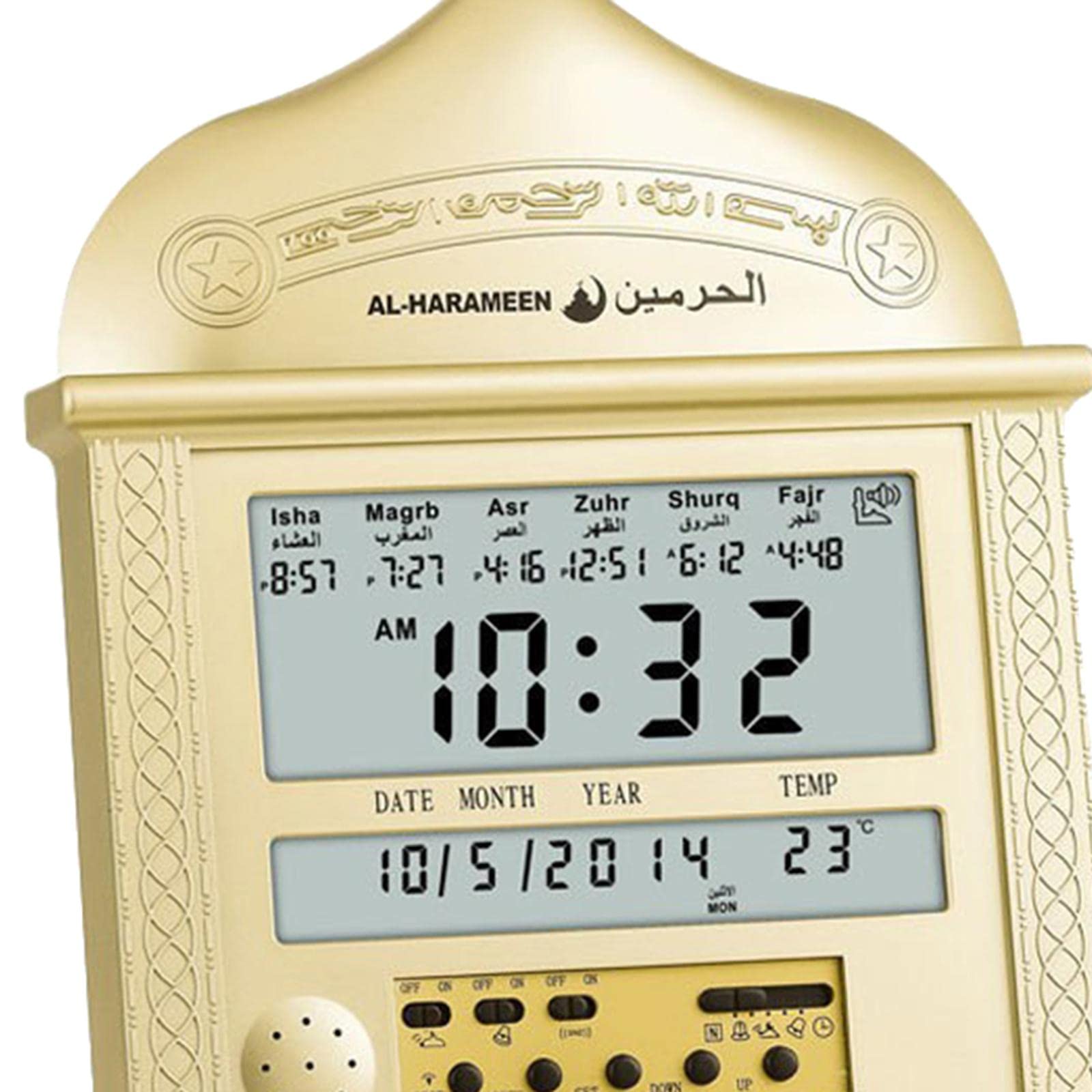 Azan Horloge Murale Islamique Réveil Digital Affichage Temps Date Plastique Fonction Azan Adaptée pour Décoration Maison Cuisine Bureau, doré