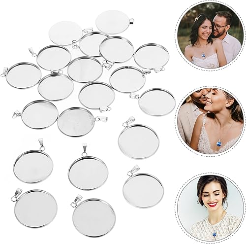 Miniatura 9 de Juego de 20 bandejas colgantes de acero inoxidable, cabujones redondos, biseles, base en blanco, para fotos, collares, pulseras, joyería (plata,