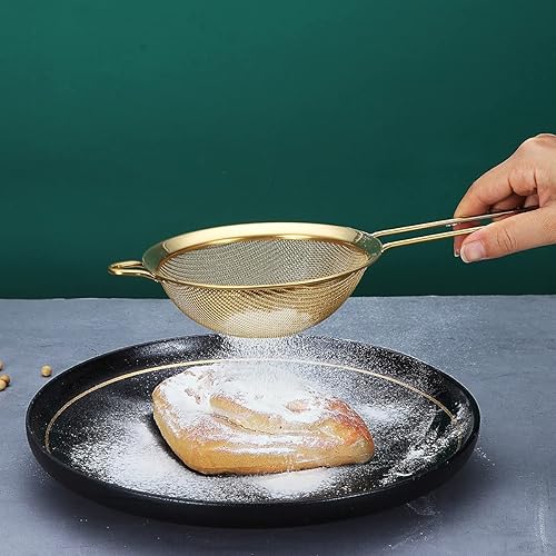 Miniatura 4 de Juego de 3 coladores dorados de malla fina, tamiz de harina dorada para hornear, clandro de acero inoxidable, colador de té Matcha dorado, separador