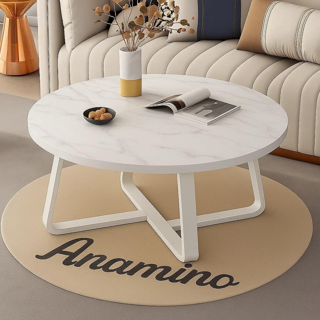 Center Table, Round Metal Frame MDF Marble Top Coffee Table, Metal Side Table for Living Room, Bedroom, Balcony, Apartment, (White)-image-29