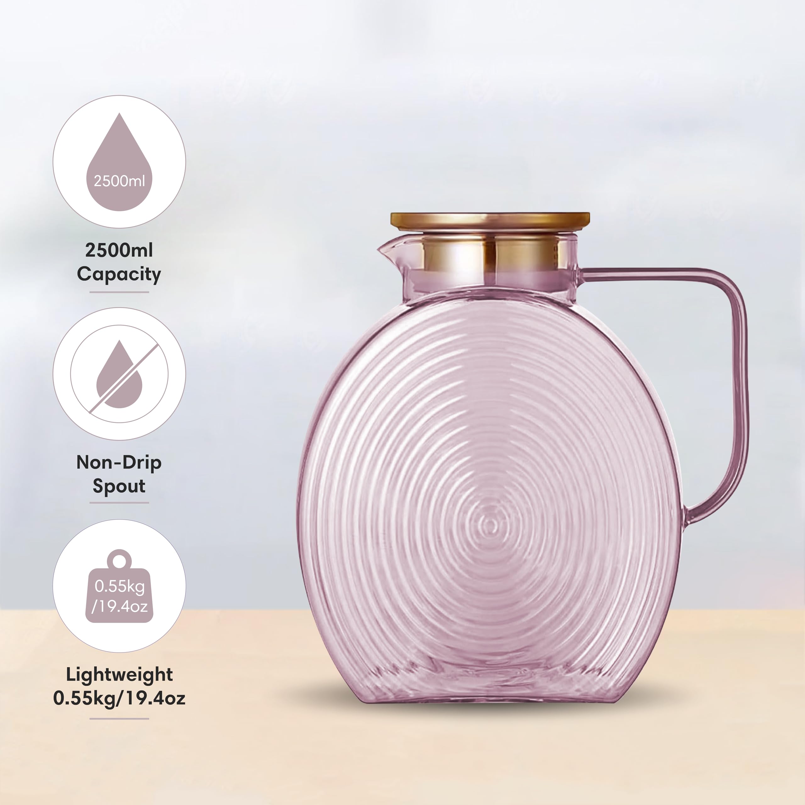 Charbrew Brocca in vetro borosilicato rosa da 2,5 l, con coperchio, caraffa a costine per acqua, succhi, tè freddo, birra fredda e cocktail, caraffa con manico adatta alla porta del frigorifero (serve