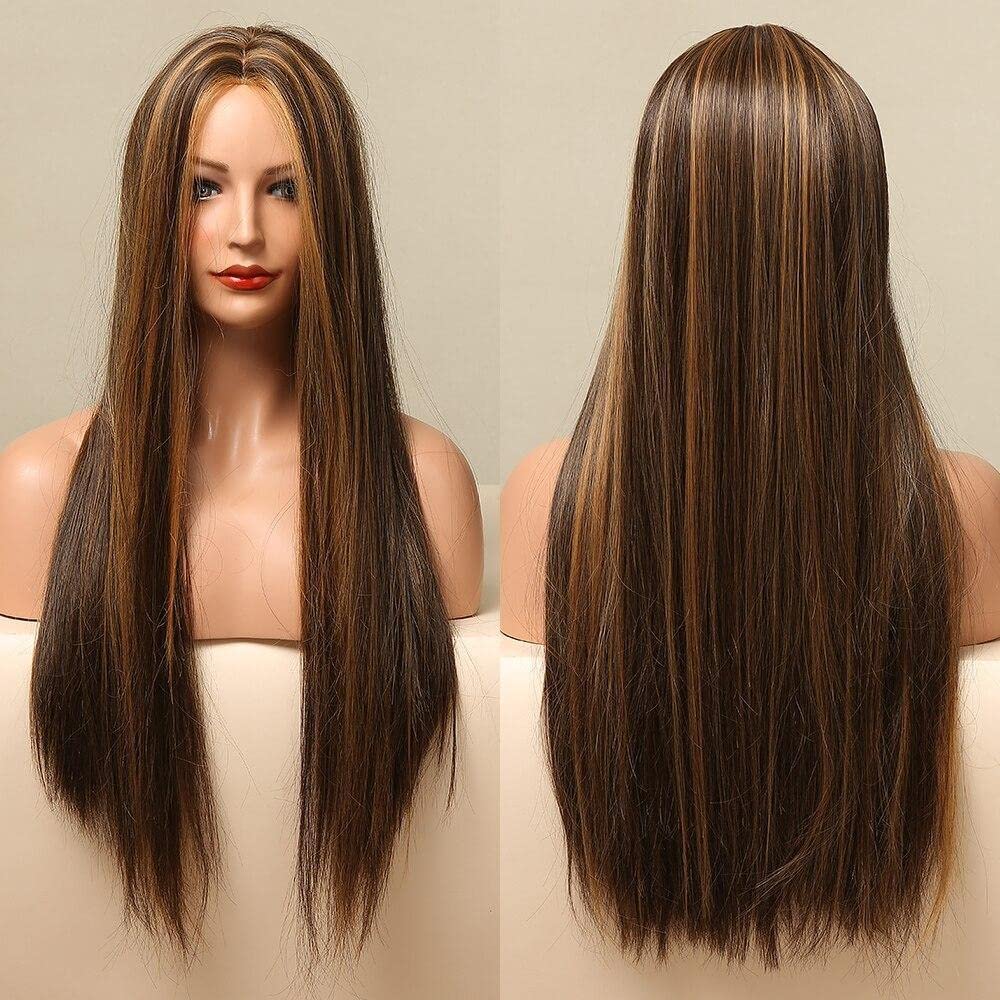 Ashkash 2 Shades Brown Mix Golden 26 Inches Long Straight Synthetic Hair Wig for Women with Middle Part (9008D/2H27A)-image-0