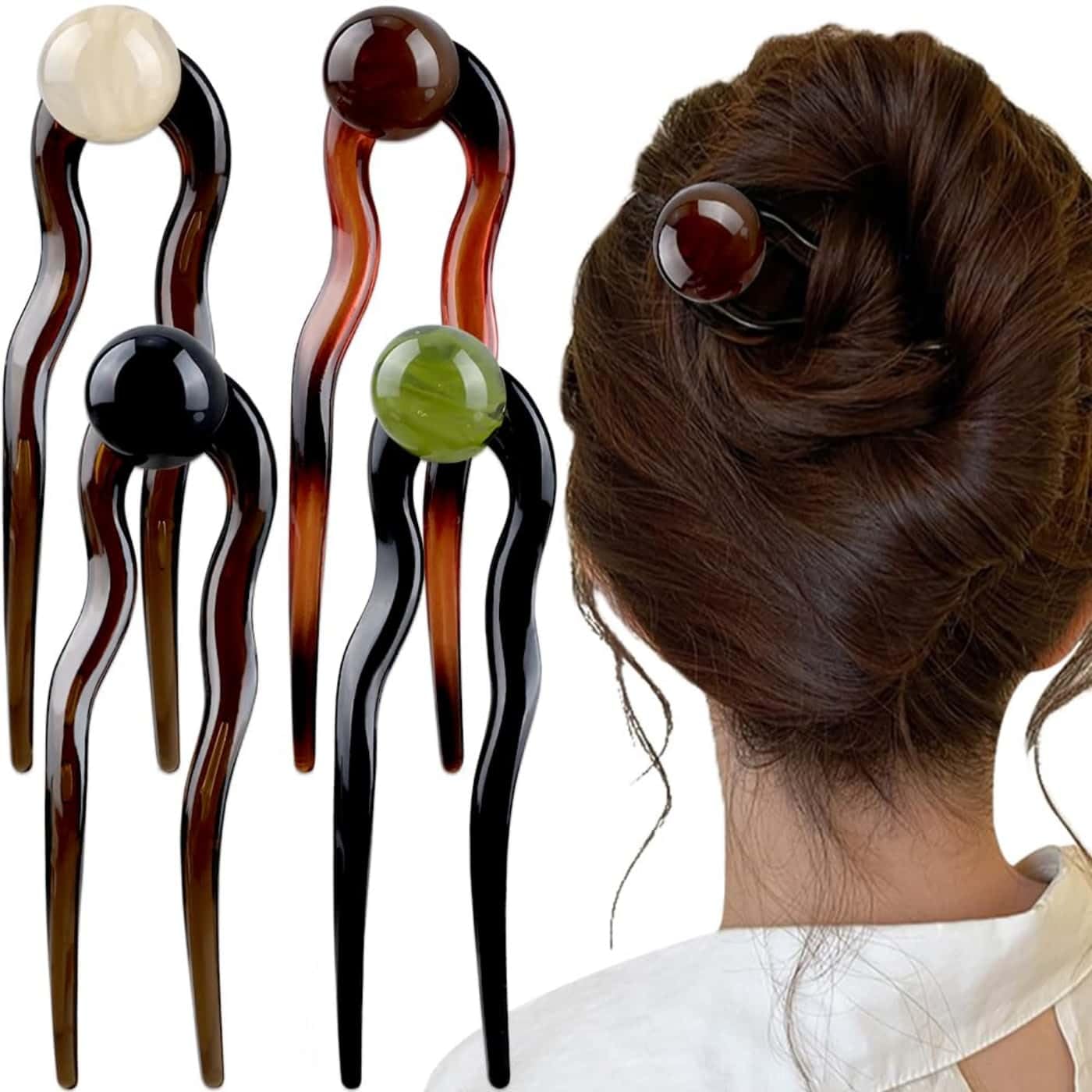 4pcs U Shaped French Hair Pin Hair Clips Pearl French Hair Pins for Women Elegant French Pin Hair Clip Acetate Bobby Pins Brown Hair Fork Hairpin Hair Sticks for Buns Vintage Updo Hair Accessories-image-23