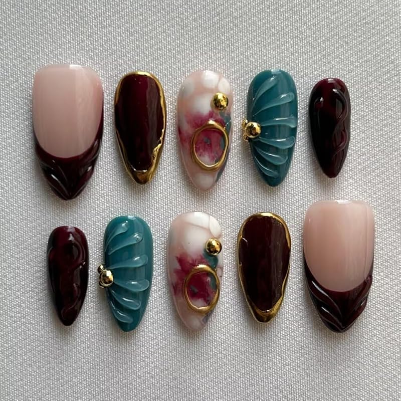 MAGLFELL Fall Press On Nails - Handmade GEL Medium Length Almond Fake Nails, Brown Rendering Painting Design, Reusable Artificial Almond False Nails for Women 10 Pcs Acrylic Nails Kit (Size M)