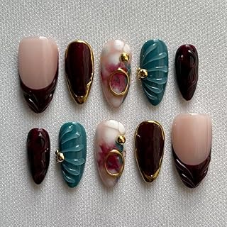MAGLFELL Fall Press On Nails - Handmade GEL Medium Length Almond Fake Nails, Brown Rendering Painting Design, Reusable Artificial Almond False Nails for Women 10 Pcs Acrylic Nails Kit (Size M)