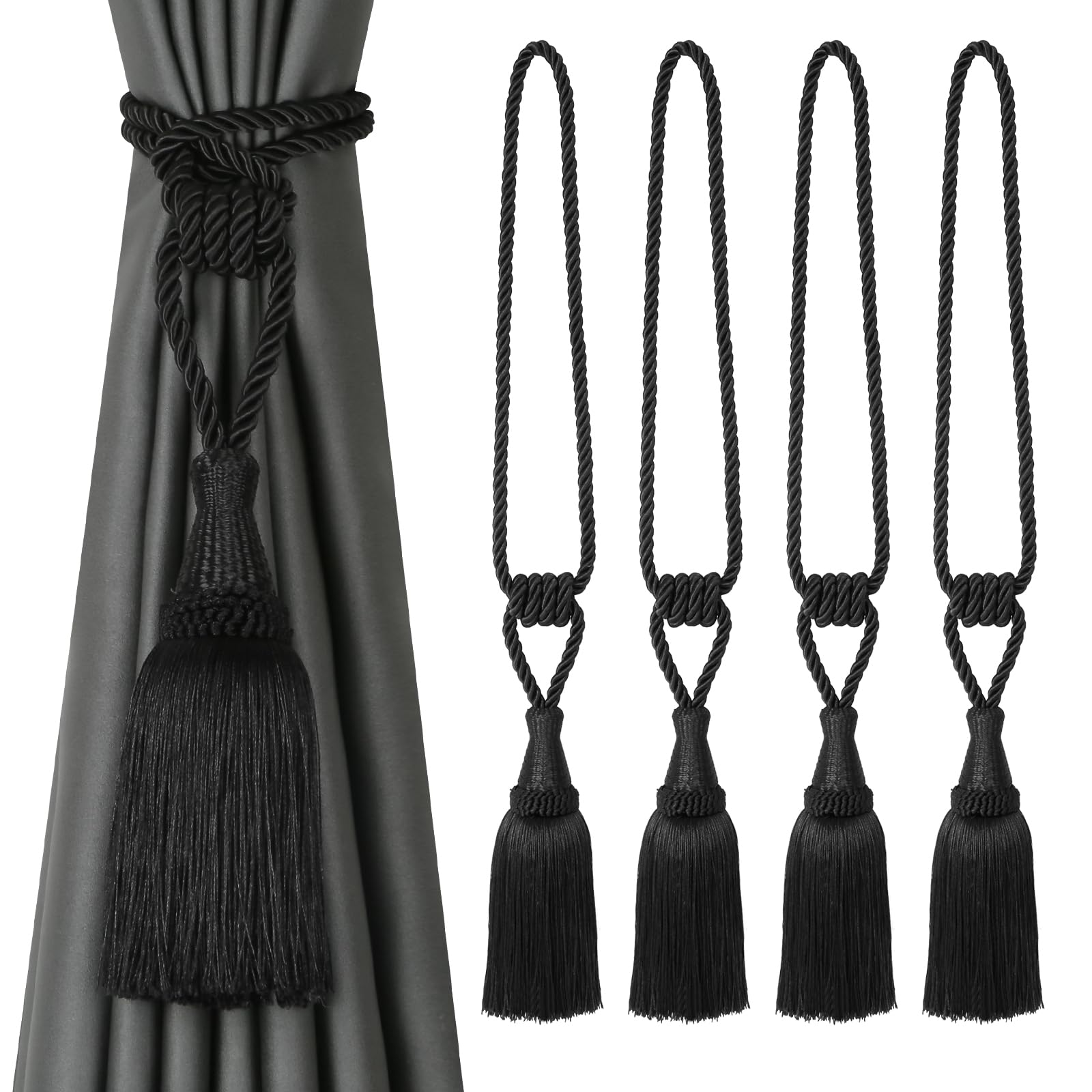 BEL AVENIR Curtain Tiebacks Handmade Holdbacks for Curtains Drape Decorative Tie Backs with Tassels(Black, 4 Pack)
