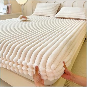 Velvet Fitted Sheet, Soft Plush Fitted Sheet Bedspread, Fluffy Warm Fitted Bed Sheet, Bedcover Mattress Cover with Elastic, Easy Care Mattress Protector for All BedsWhite,90x200cmTwin