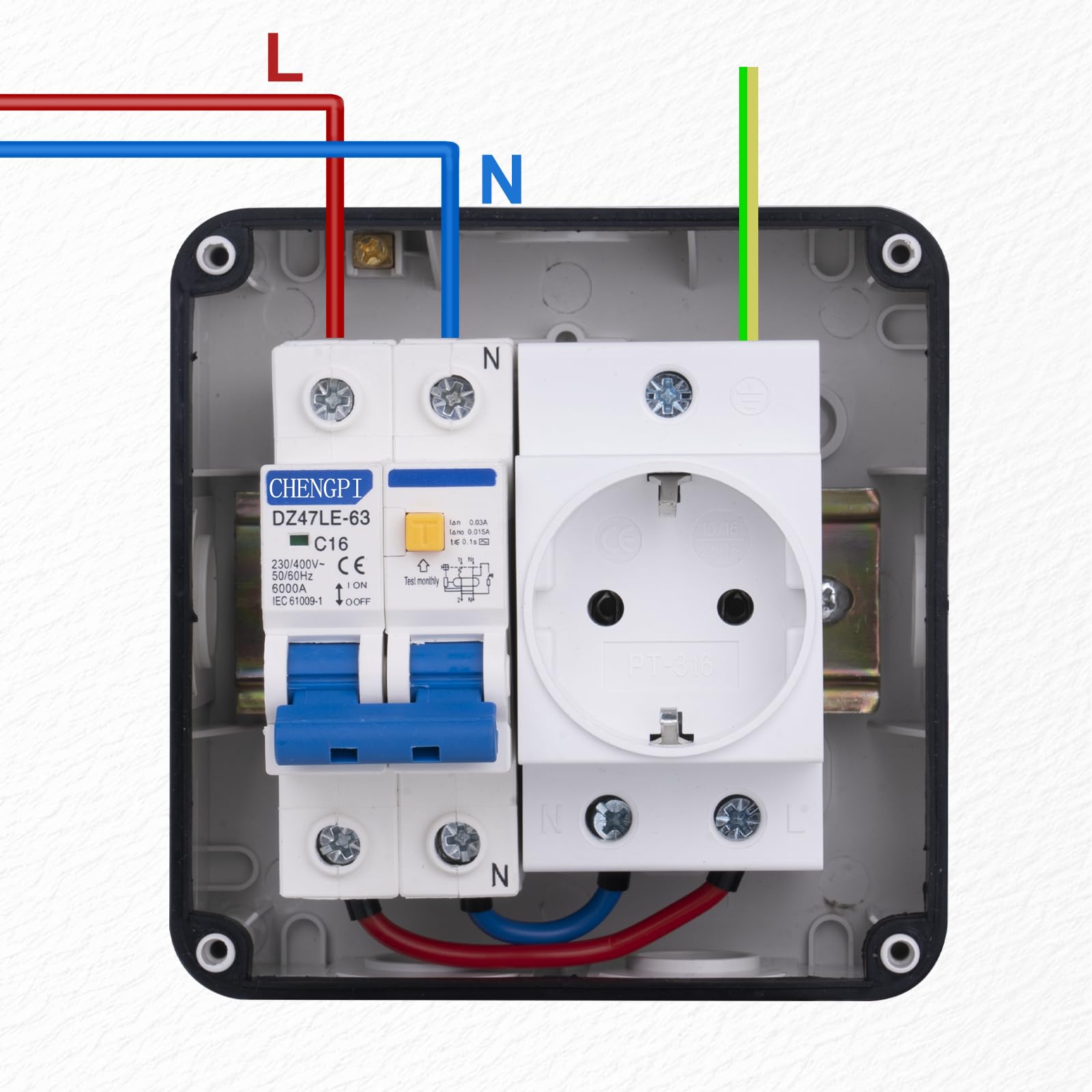 Caja Distribucion Electrica Montada En Superficie, Cuadro Electrico Premontado con Protección Contra Fugas 16A y Enchufe, Caja de Distribución Impermeable IP66|4 Módulos