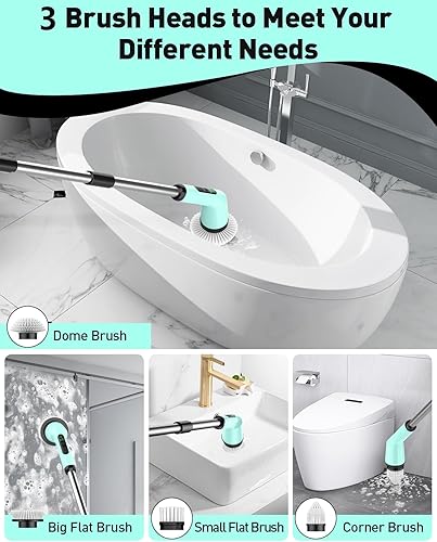 Miniatura 4 de Cepillo Eléctrico Giratorio para Limpieza de Baño, Cepillo Limpiador de Ducha Inalámbrico con IPX7 Impermeable y 2 Velocidades, 3 Cabezales de Verde