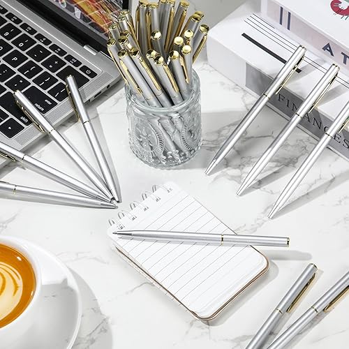 Miniatura 10 de 100 bolígrafos de metal delgado plateado de 0.039 pulgadas (0.039 in), punta media, tinta negra, escritura suave, bolígrafos retráctiles para