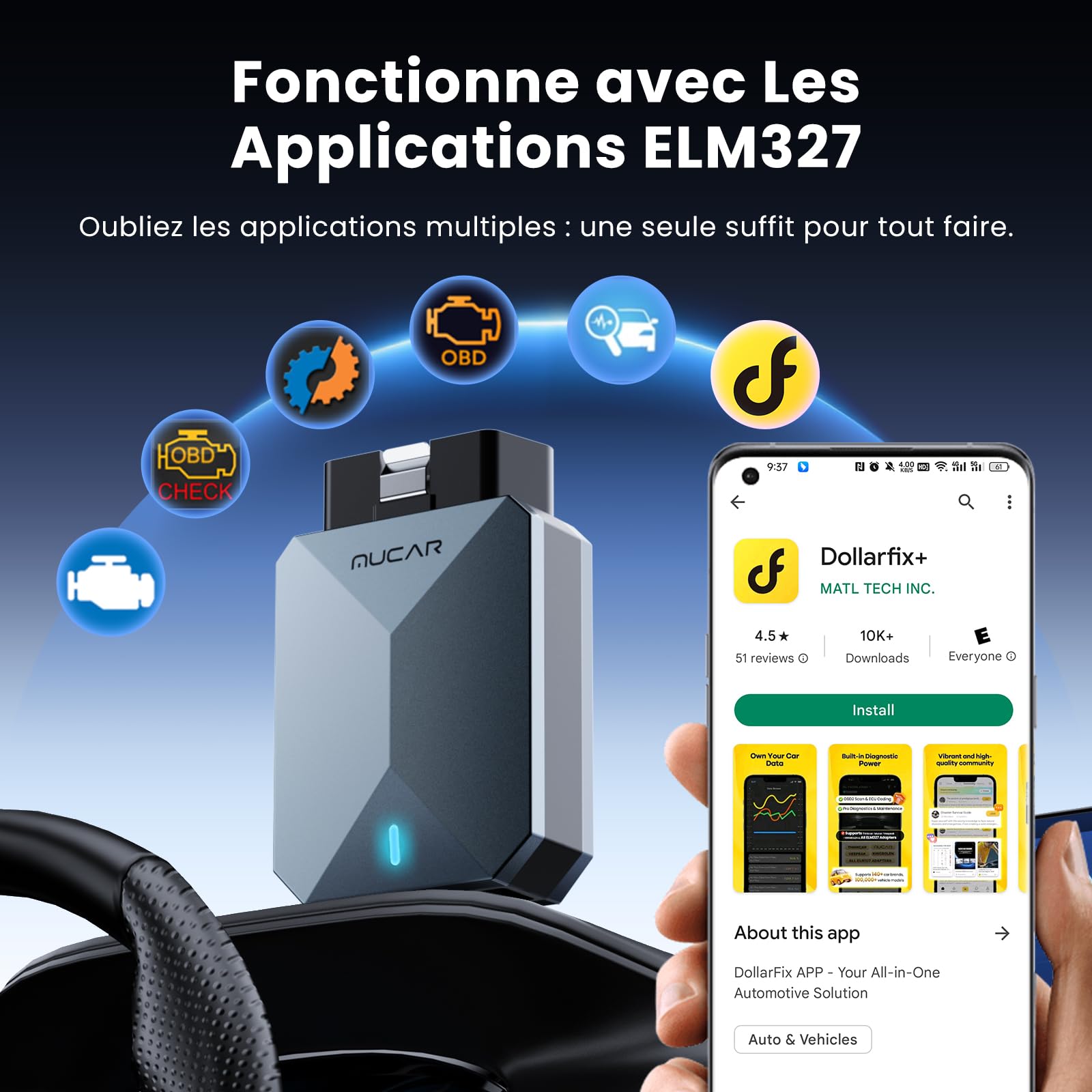 MUCAR BT200 MAX Assisté par l'IA Valise Diagnostic Voiture Bluetooth, Prise en Charge ELM327, Diagnostic Complet du Système avec Tests D'action Bidirectionnels, 15 Fonctions Maintenance, Gratuit à Vie