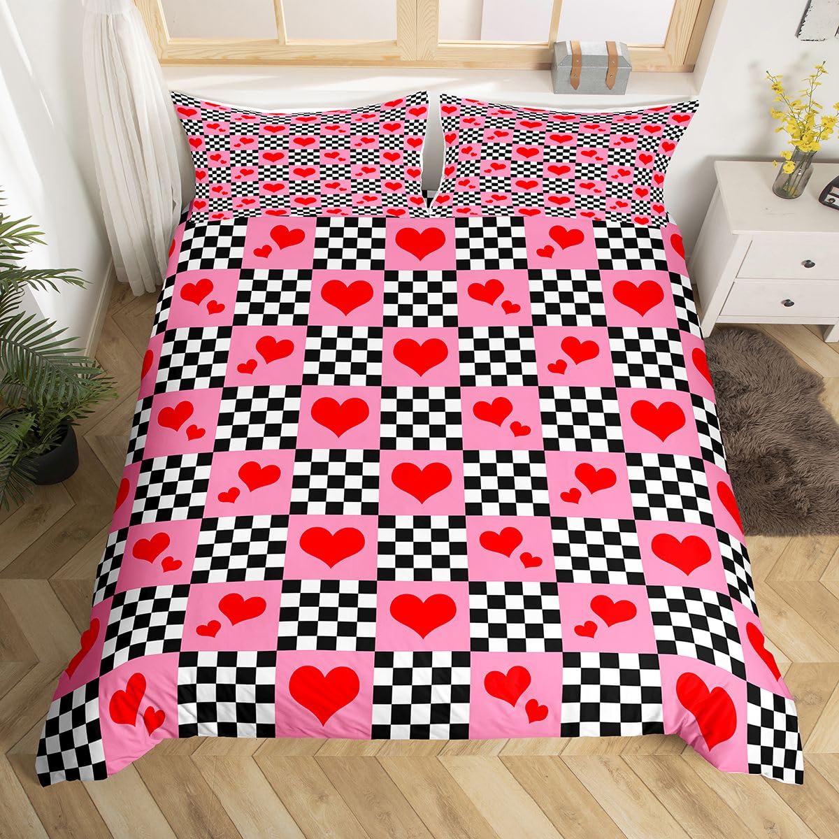 Homewish Miłość Zestawy Pościeli Król Słodka Miłość Serce Poszewka Na Kołdrę Romans Pikseli Szachownica Poszewka Na Kołdrę Buffalo Siatka Patchwork Zestaw Łóżek