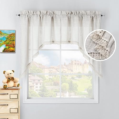 Beda Home - Cenefa de cortina con textura de lino con borlas para cocina de granjas adorno corto rústico con filtro de luz para ventanas pequeñas,