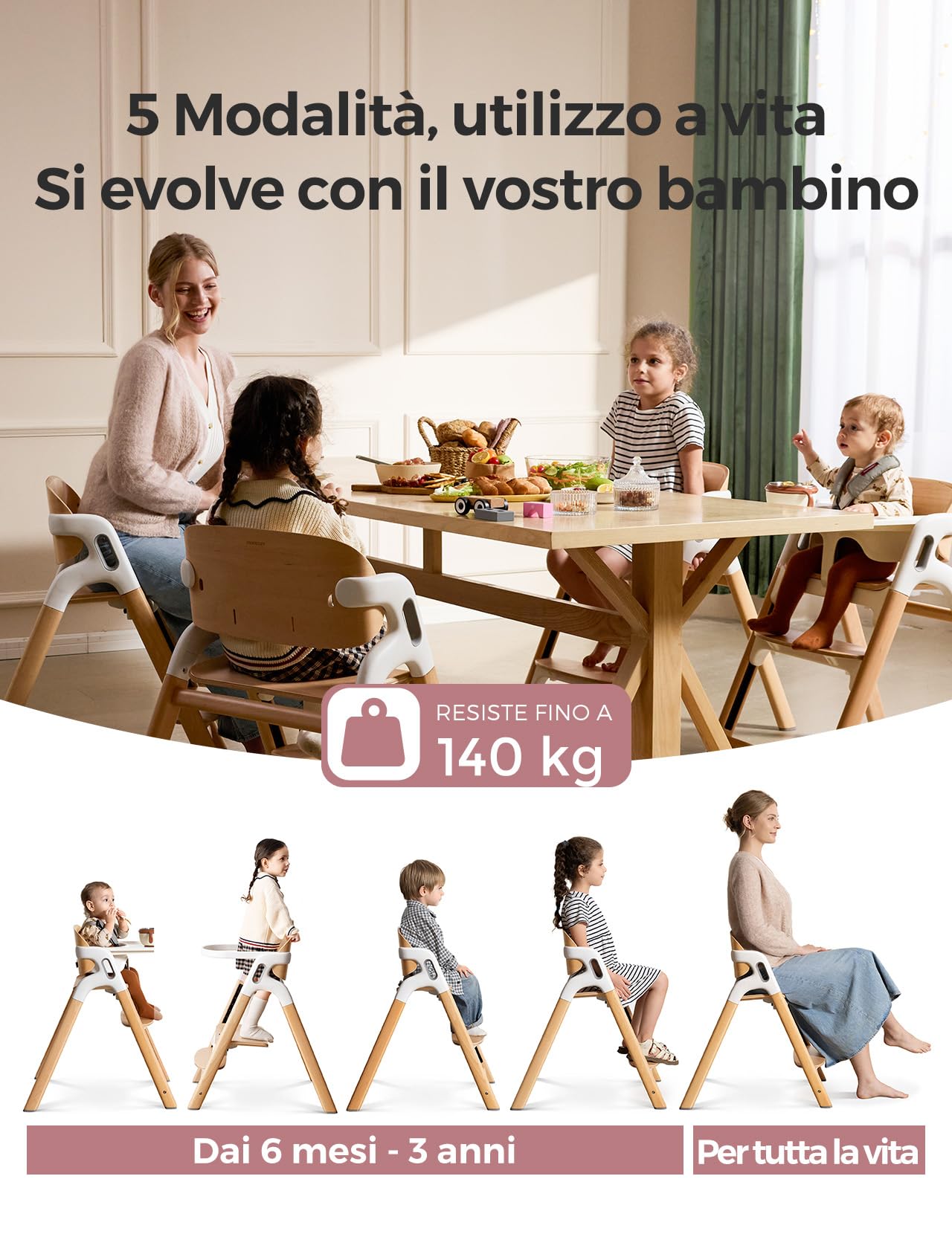 Momcozy DinerPal - Seggiolone in legno per neonati, bambini e adulti, fino a 140 kg | Seggiolone trasformabile con vassoio per alimenti, lavabile in lavastoviglie, regolabile ed ergonomico, in legno naturale