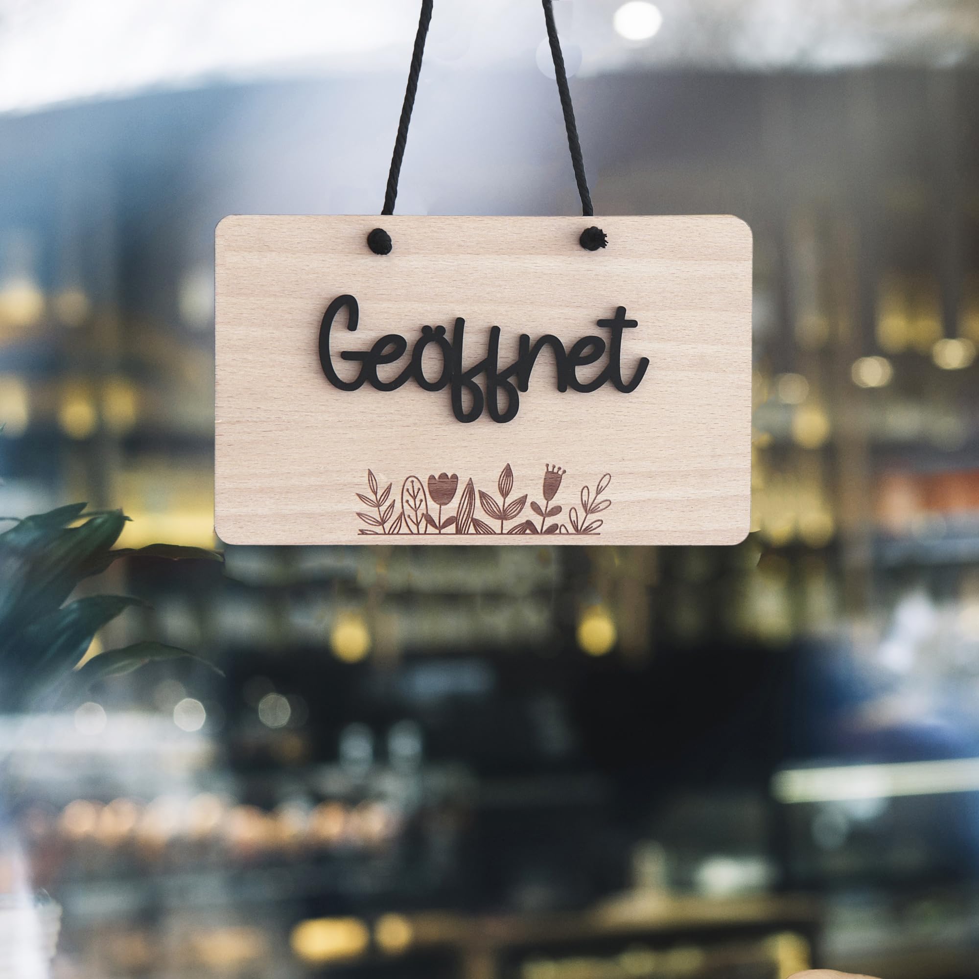 Offenes Schild für Geschäfte, Geschäfte, Geschäfte, Restaurants in Holz mit Saugnapf auf Deutsch