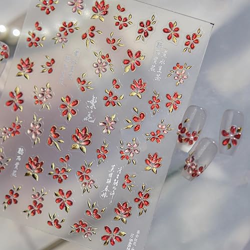 Flower Nail Stickers Decals Red Floral Nail Art Stickers with
