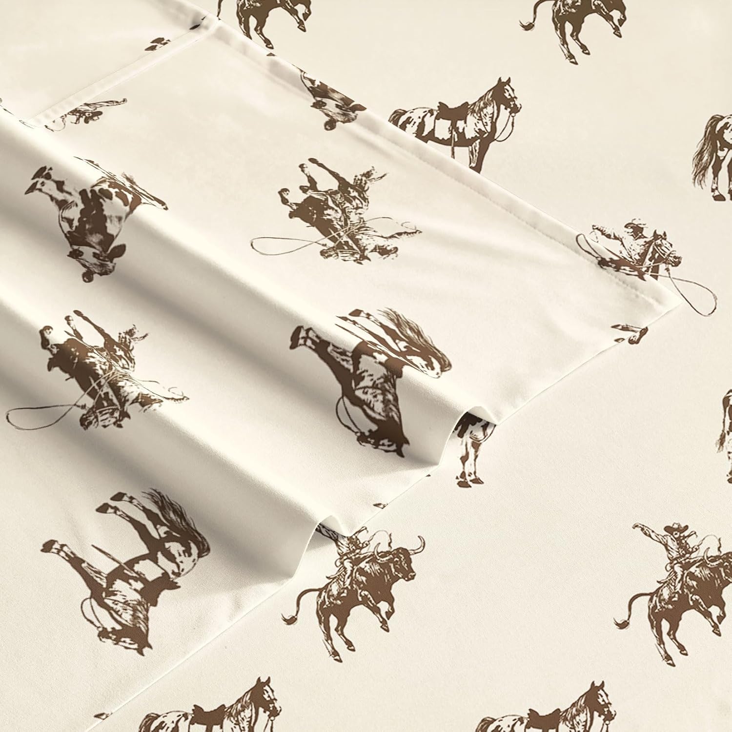 Wake In Cloud - Western Bed Sheets, 4-Piece Sheet Set, Rustic Ranch Cowboy Horse Southwestern Country Vintage Pattern Printed Bedding, Deep Pocket, Beige Brown, Queen Size