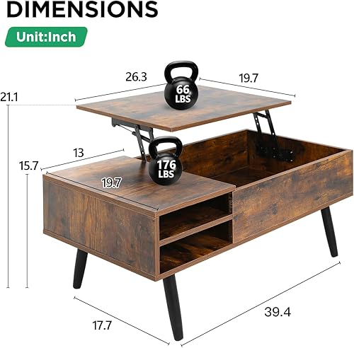 Miniatura 9 de PayLessHere Mesa auxiliar elevable con almacenamiento ajustable y compartimento oculto, mesa de centro pequeña de madera para el hogar, sala de