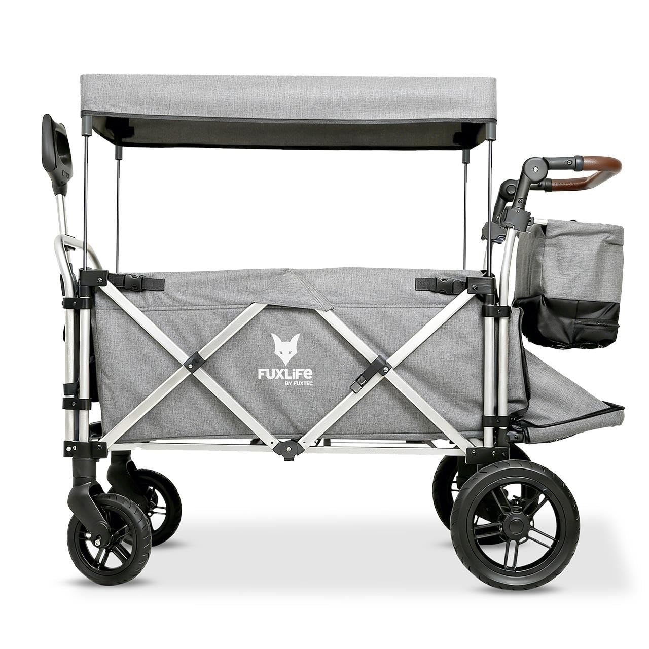FUXLIFE Chariot Pliable Enfants FX-CTL950 Gris – Chariot de Transport avec Toit Solaire, Harnais 5 Points, Roues à Suspension
