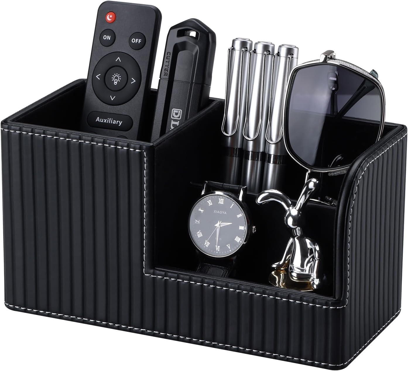 KINGFOM Desk Pen Organizer Office Supplies Caddy Pu Leather Multi-function Storage Box Pen/Pencil,Cell phone, Business Name Cards Remote Control Holder (Black)
