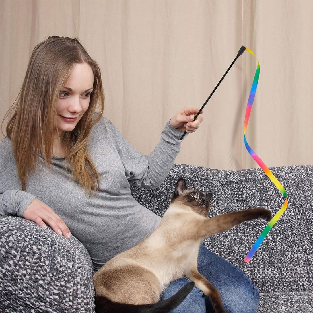 4er Set Katzen-Zauberstab Mit Regenbogenbändern – Interaktives Spielzeug, 30 Cm Stab, 160 Cm Band