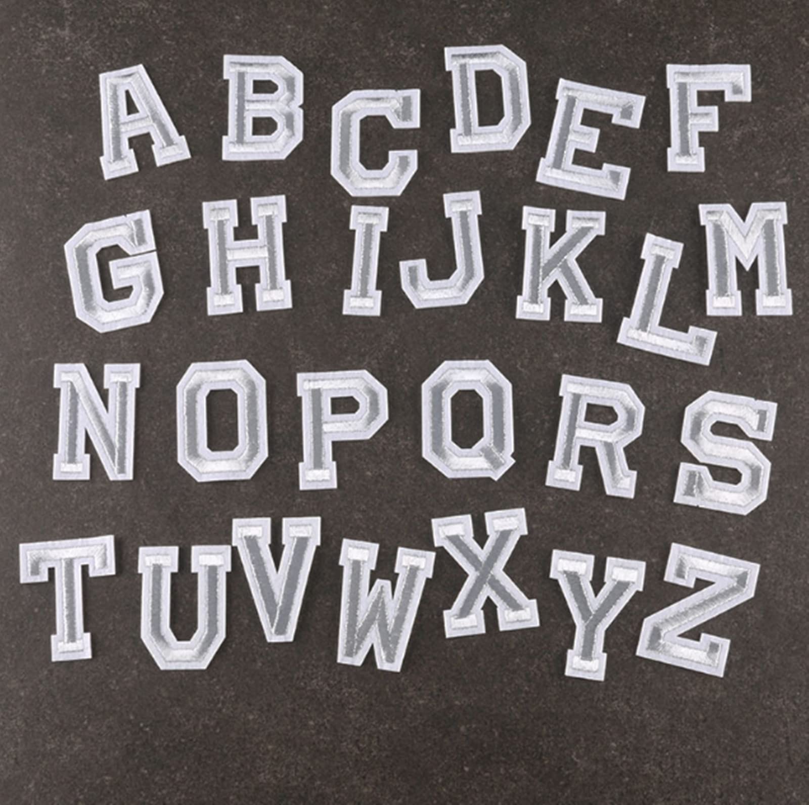 Binwat 52 pcs Iron on Letters Patches for Clothes Sew on Alphabet Applique Patches Letters A to Z Embroidered Patches for Bags Coats Hats Jeans Shoes(Silver)