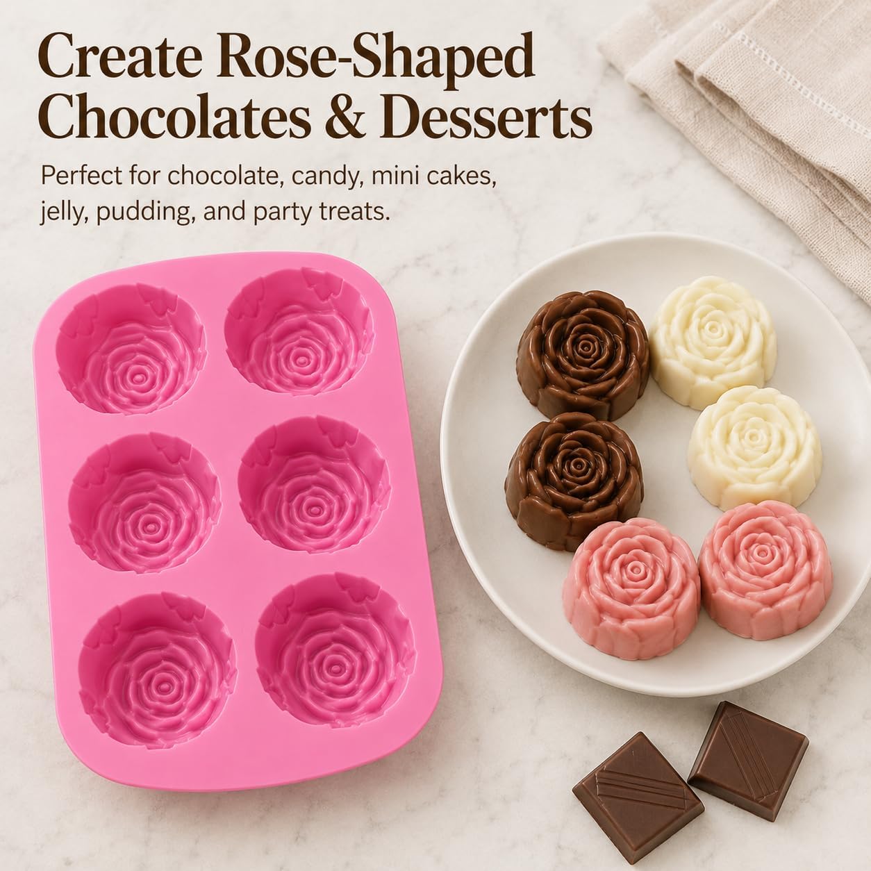 2 Pack Rose Silicone Molds, 6-Cavity Flower Soap Molds for Chocolate, Candy, Cake, Jelly, Pudding, Ice Cubes, Lotion Bars, Candles & Bath Bombs, Pink