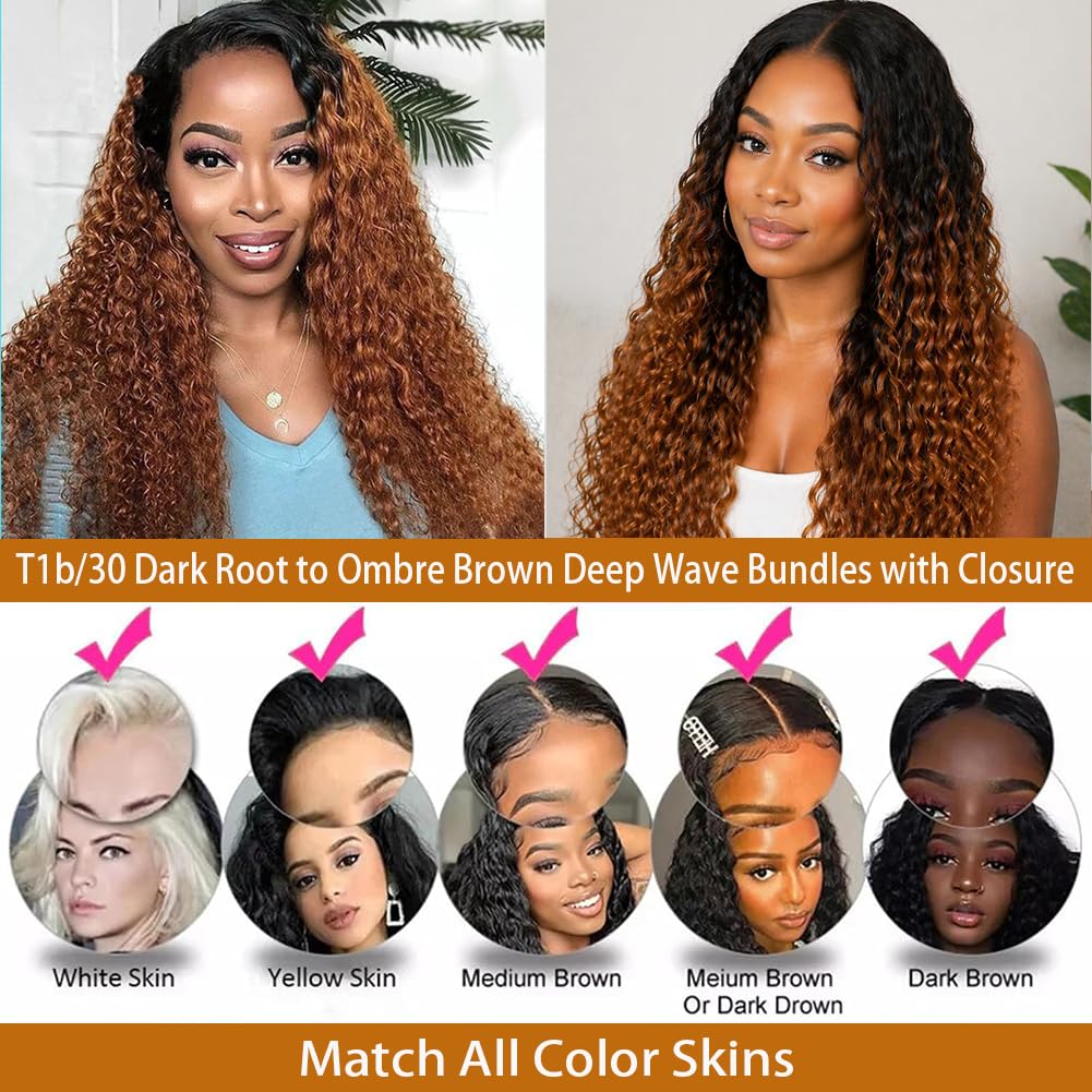 Ombre Deep Wave Bundles con cierre de pelo humano (35,6 cm, 40,6 cm, 45,7 cm, 45,7 cm, 30,5 cm, 30,5 cm, 30,5 cm, 30,5 cm, 30,5 cm, 30,5 cm, 30,5 cm, 30,5 cm, 30,5 cm)