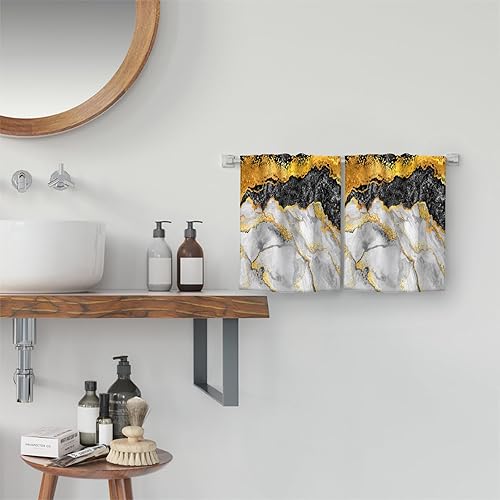 Miniatura 5 de Juego de 2 toallas de mano decorativas de mármol negro dorado para decoración de baño, toallas de mano suaves y absorbentes para baño, cocina,