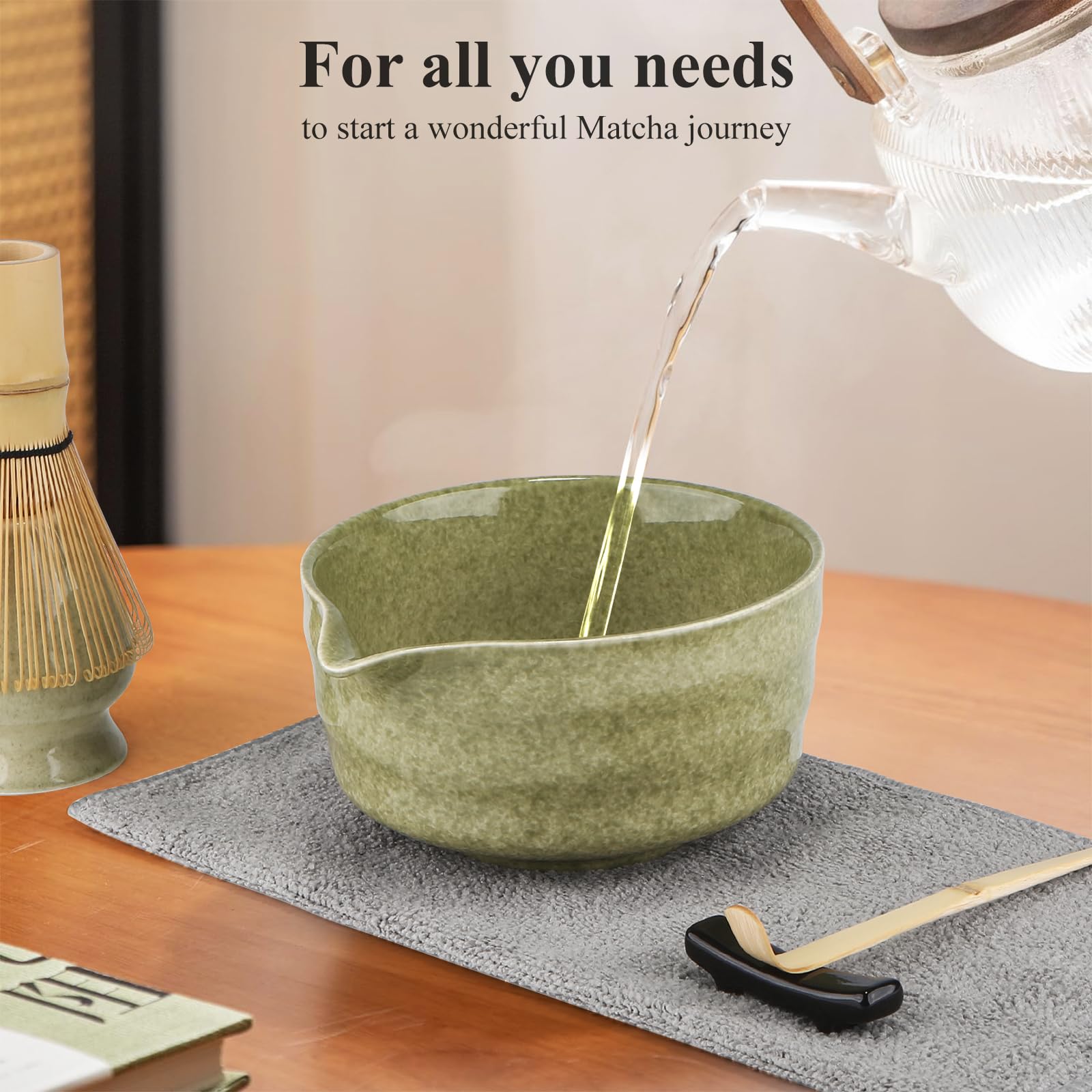 Matcha Set, 7 Teiliges Premium MatchaTea Sets mit Matcha Schale, Bambusbesen und Matcha-Löffel Filterlöffel, Matcha-Besenständer, Japanische Matcha-Tee-Set, Grün gesprenkelt