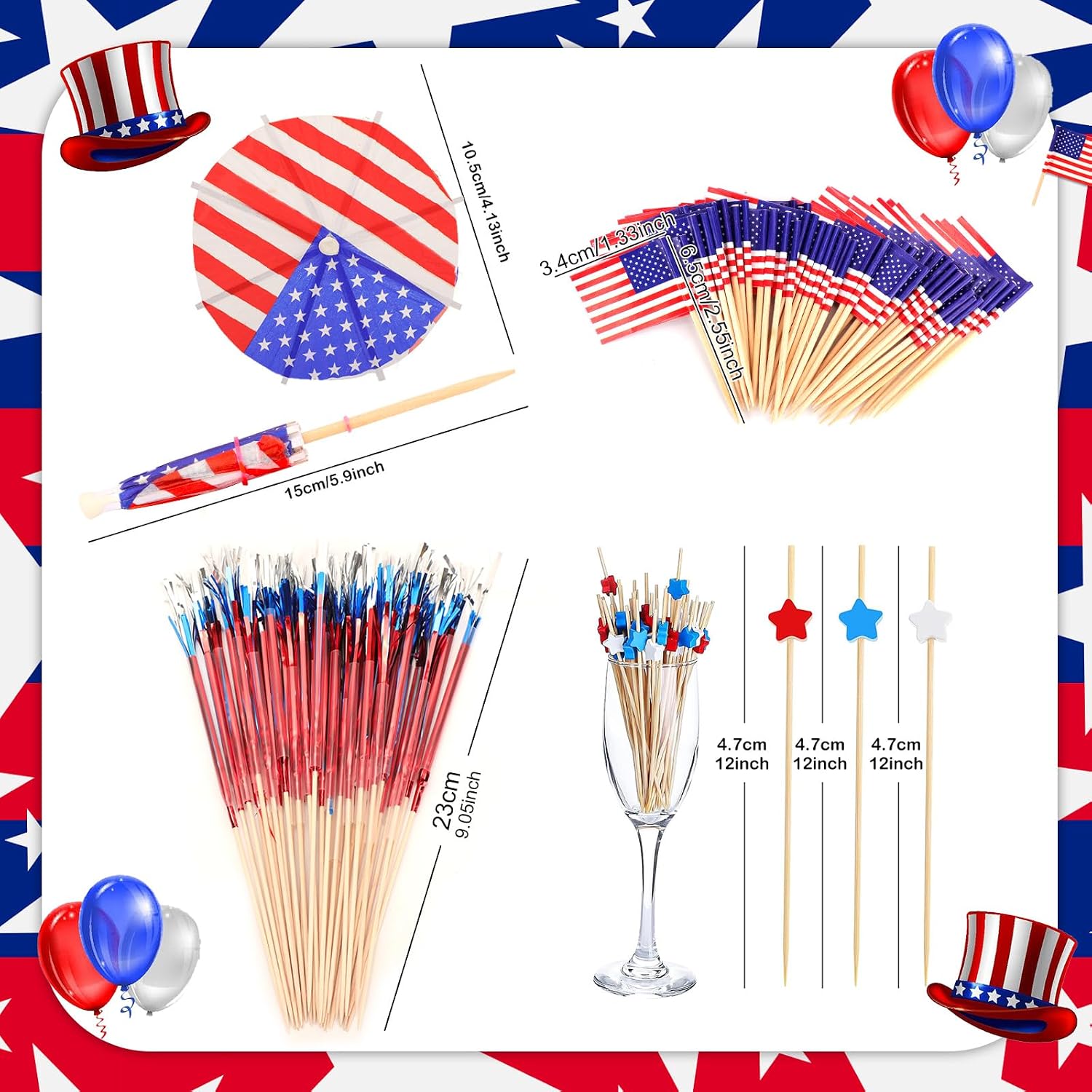HOWAF 220pcs 4th of July Cocktail Picks USA Flag Drink Umbrellas Fruit Sticks 250th Anniversary Toothpicks Red Blue White Star Picks for Independence Day, Patriotic Party Food Drink Pick