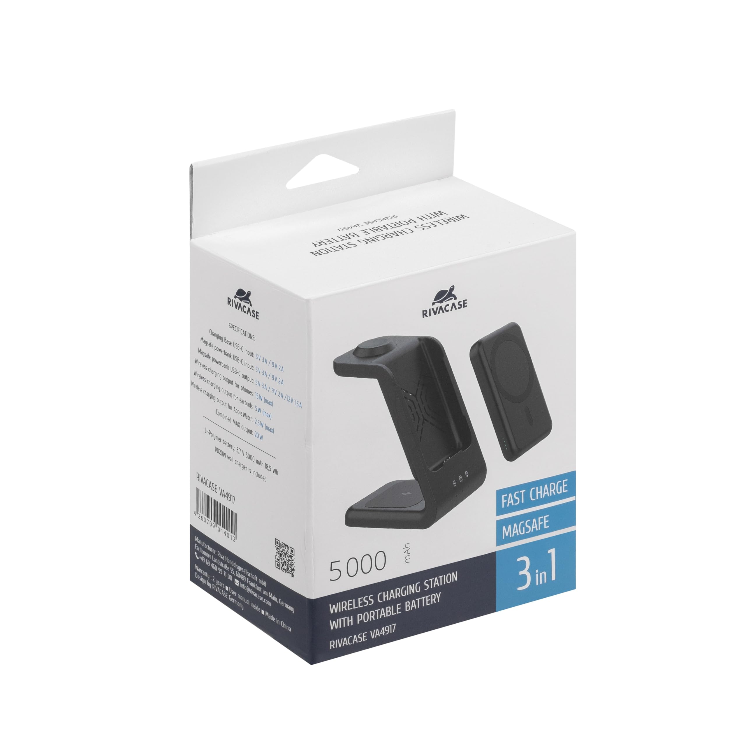 RIVACASE VA4917 Cargador inalámbrico Qi 15 W con batería externa con QC/PD 5000 mAh función de carga rápida, batería externa integrada extraíble