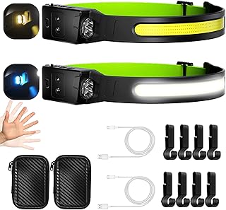 AmaCielo LED Rechargeable Headlamp, 1000 Lumens & 230 ° Lighting COB Headlamp with Motion Sensor 2 pcs, Adjustable Outdoor Waterproof Headlamp, for Night Fishing Running Camping