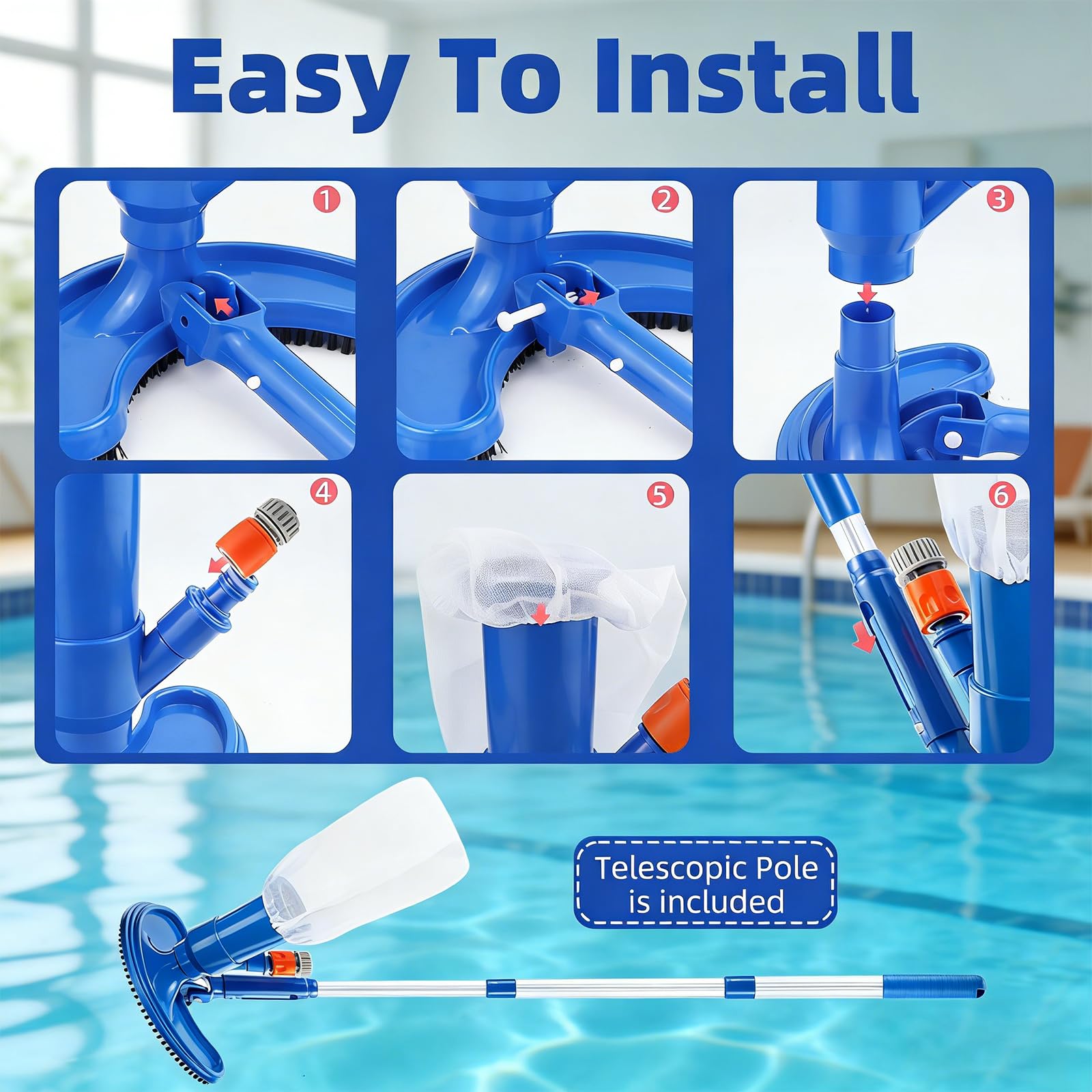 Kit de nettoyage de piscine - Aspirateur portable à jet - Kit d'entretien de piscine avec tige télescopique réglable - Brosse à récurer et filet de skimmer - Pour le nettoyage des feuilles, de la