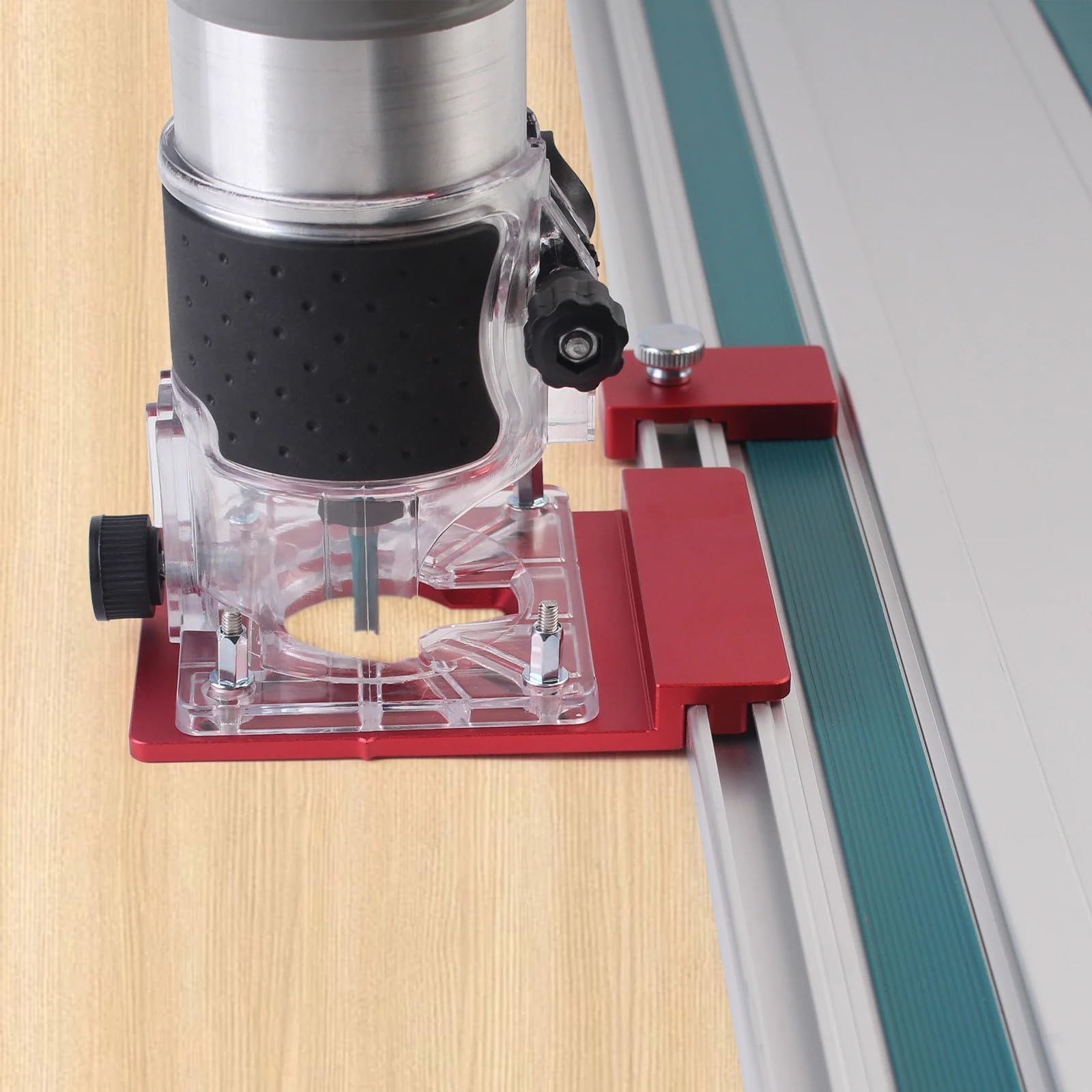 Ketiped Red Aluminum Router Guide Rail Adapte With Rail Stop For Fixed Base Trim Routers, Compatible With Powertec, Makita, Festool, Milwaukee, Kreg Acs, Wen, Triton Etc. Track Saw Guide Rails, Mgj-106R