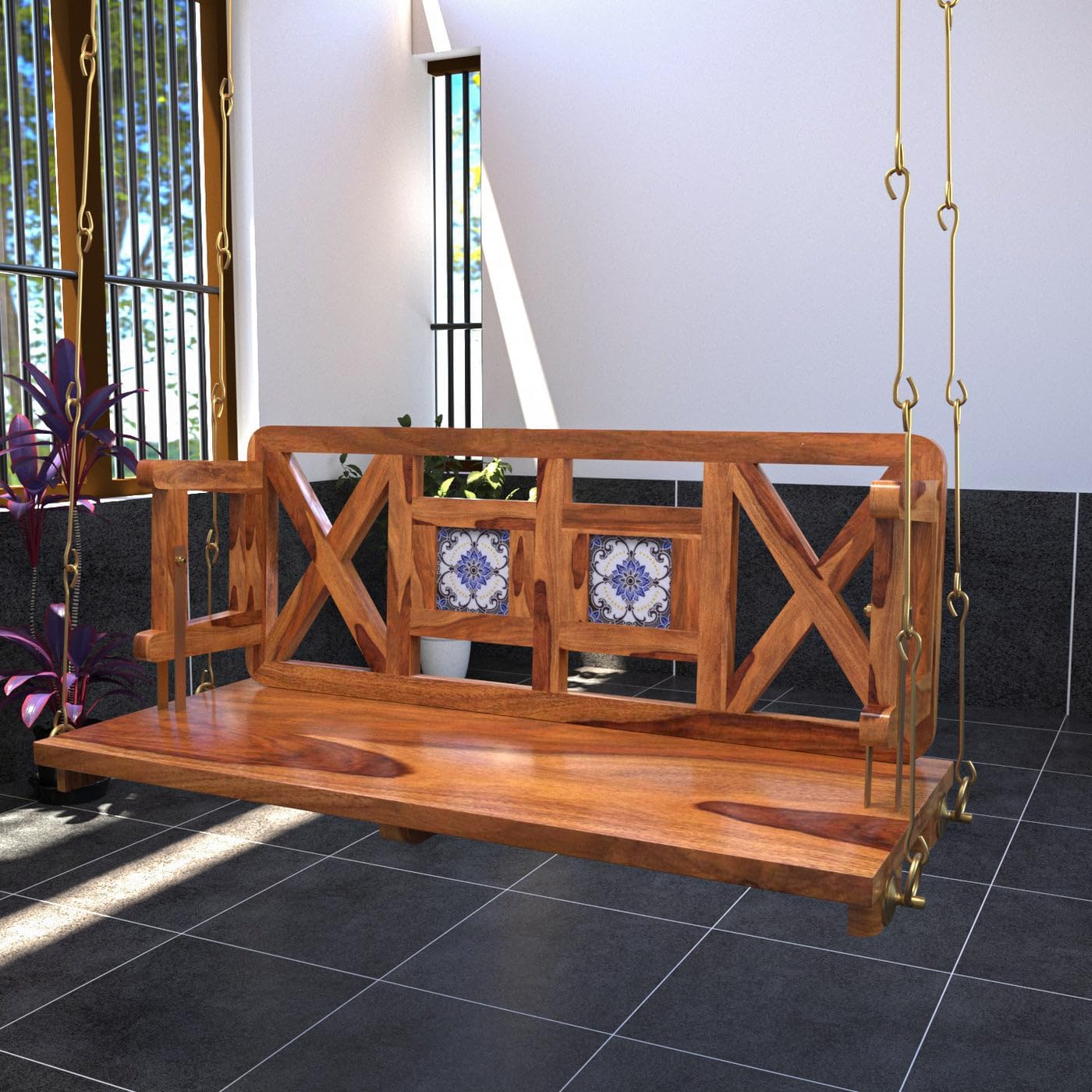 Jairi Traders Wooden Swing (4ftx2ft) Solid Wooden Hanging with Hand Rest and Back Support Jhula Wooden Swing (with Stainless Steel Accessories) Reversible Ceramic Frame and Wooden Back