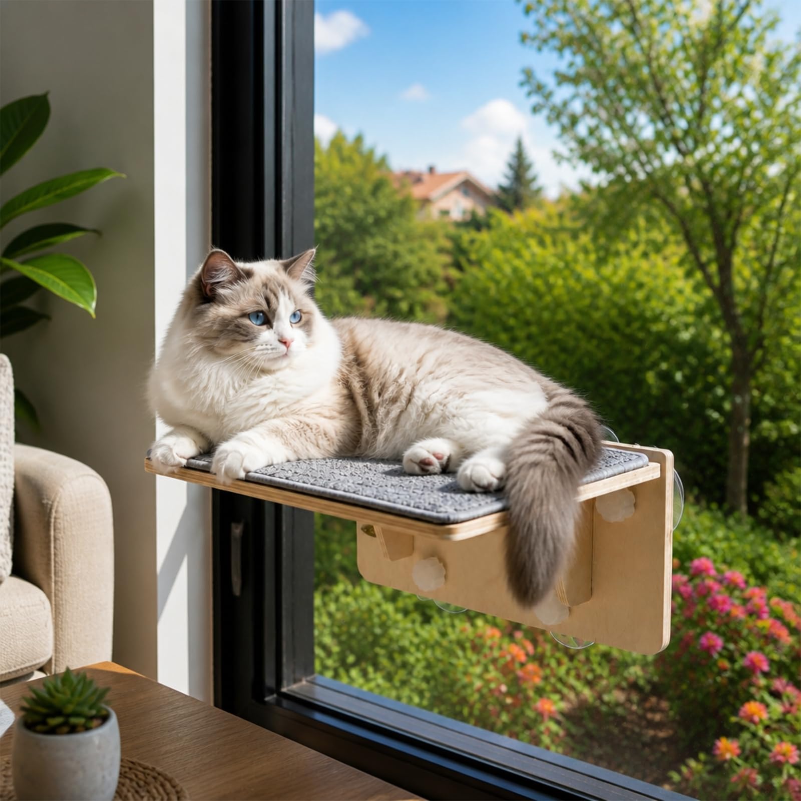 Katzen Fensterliege, Faltbare Katzenhängematte für Fenster, Katzenbett Fenster mit Starke Saugnäpfe, Katzenschaukel mit Abnehmbarem, Waschbarem Filzunterlage für Hauskatzen