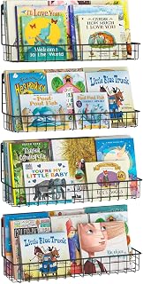 X-cosrack 4-Pack Black Metal Wall Mounted Kids Bookshelf - Floating Nursery Toddler Storage Organizer for Classroom Decor