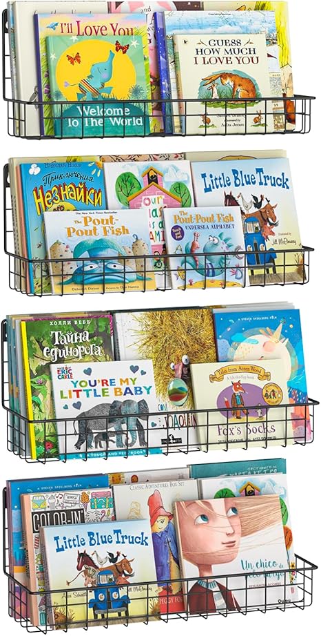 X-cosrack 4-Pack Wall Mounted Metal Kids Bookshelf, Floating Book Shelves for Kids Nursery Toddler Classroom, Hanging Book Shelf Organizer for Room Decor, Black