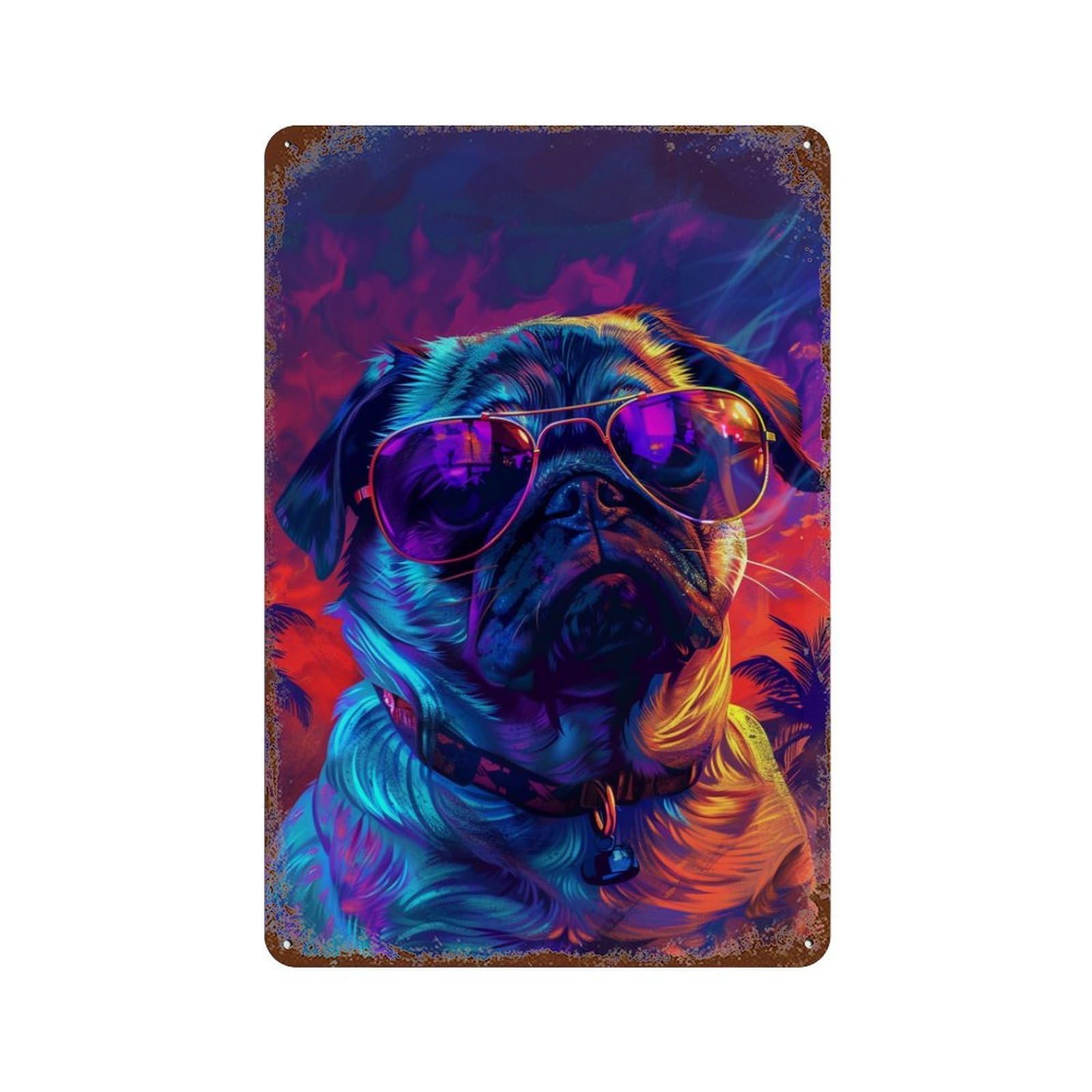 Garage Style Colorful Pug with Sunglasses Vintage Rust Metal Sign 11.8"x7.9", Rustic Home Decor for Bar And Workshop
