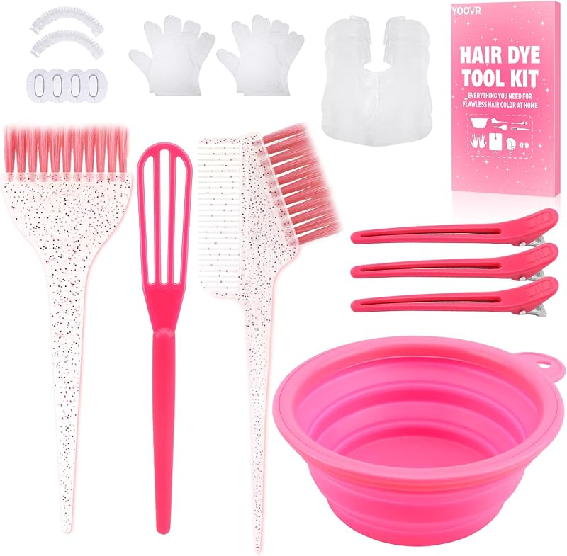 YOOVR 19pcs Hair Bleach Dye Kit with Hair Dye Brush, Bowl & Whisk (Pink) | Includes Hair Clips, Protective Gear Set for Hair Bleaching Coloring Highlighting, Essential Salon Supplies for Home Use