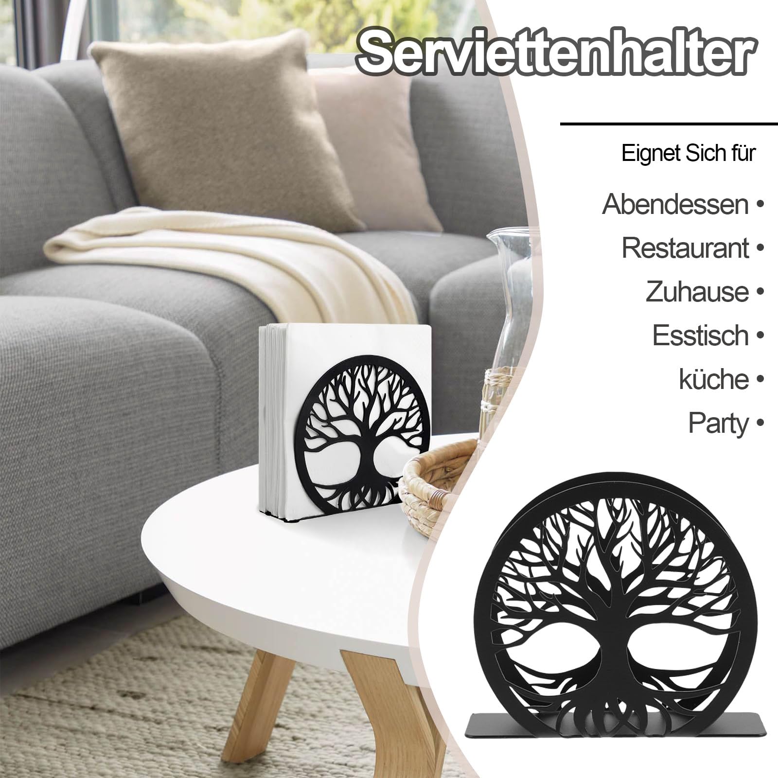 Portatovaglioli Verticale In Metallo Nero Albero Della Vita - Portatovaglioli Da Tavolo In Acciaio Inox, Design A Linee, Per Cucina, Ristorante, Feste, 12x4x10 Cm