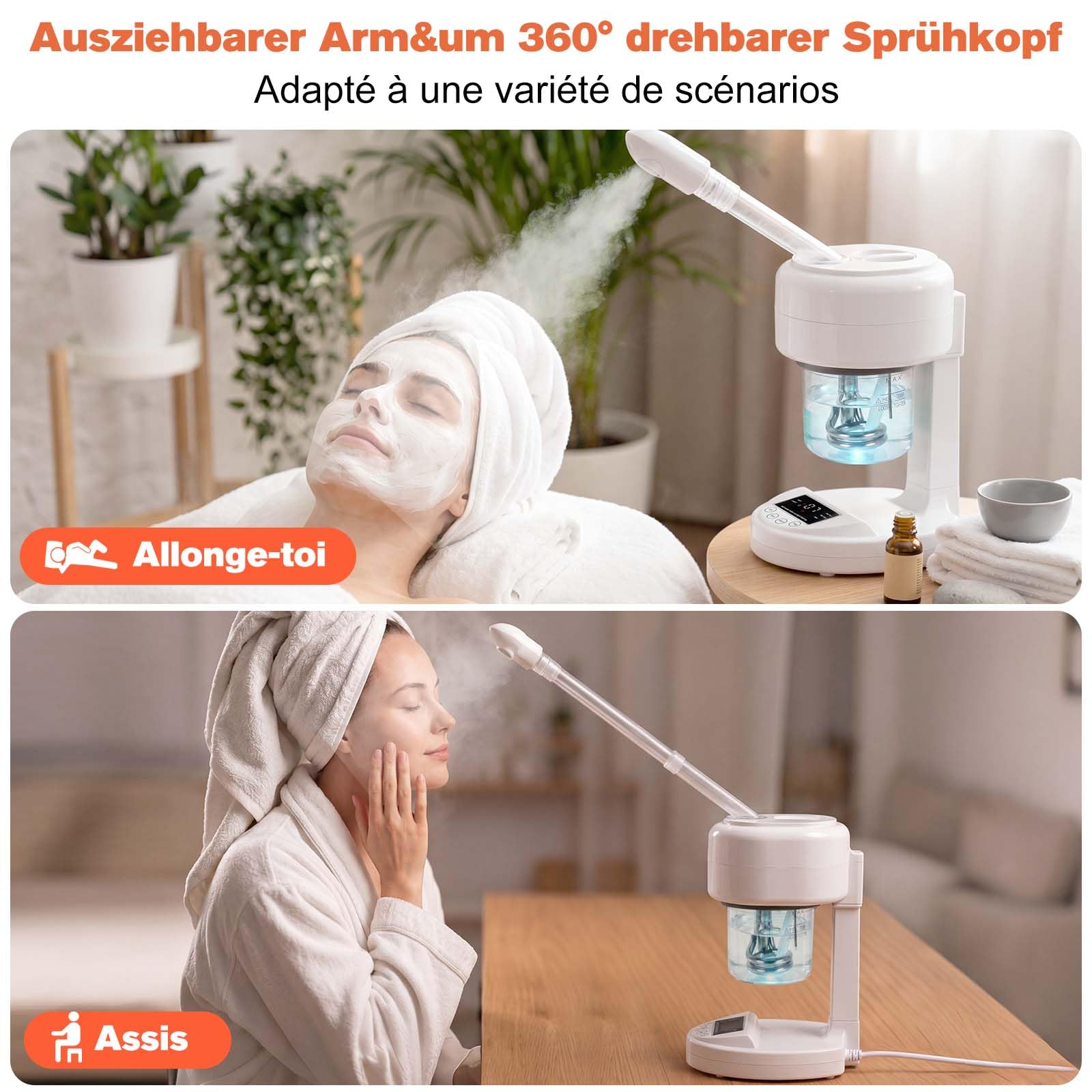 Vapeur portable pour le visage, ozone et brume chaude, humidificateur de table pour spa du visage, soins de la peau à domicile, salon de beauté professionnel avec buse rotative à 360 °